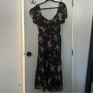 Forest Green and Pink Floral Midi Dress with Puff Sleeves